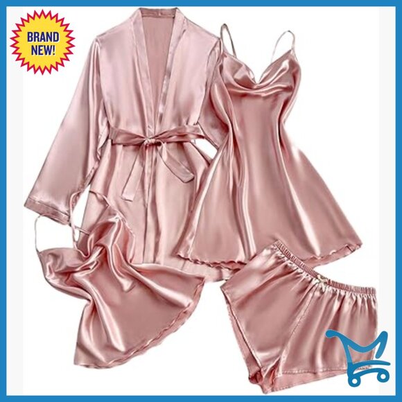 Satin Pajama Set 4pc Robe Nightgown Cami Shorts Women's Sleepwear
